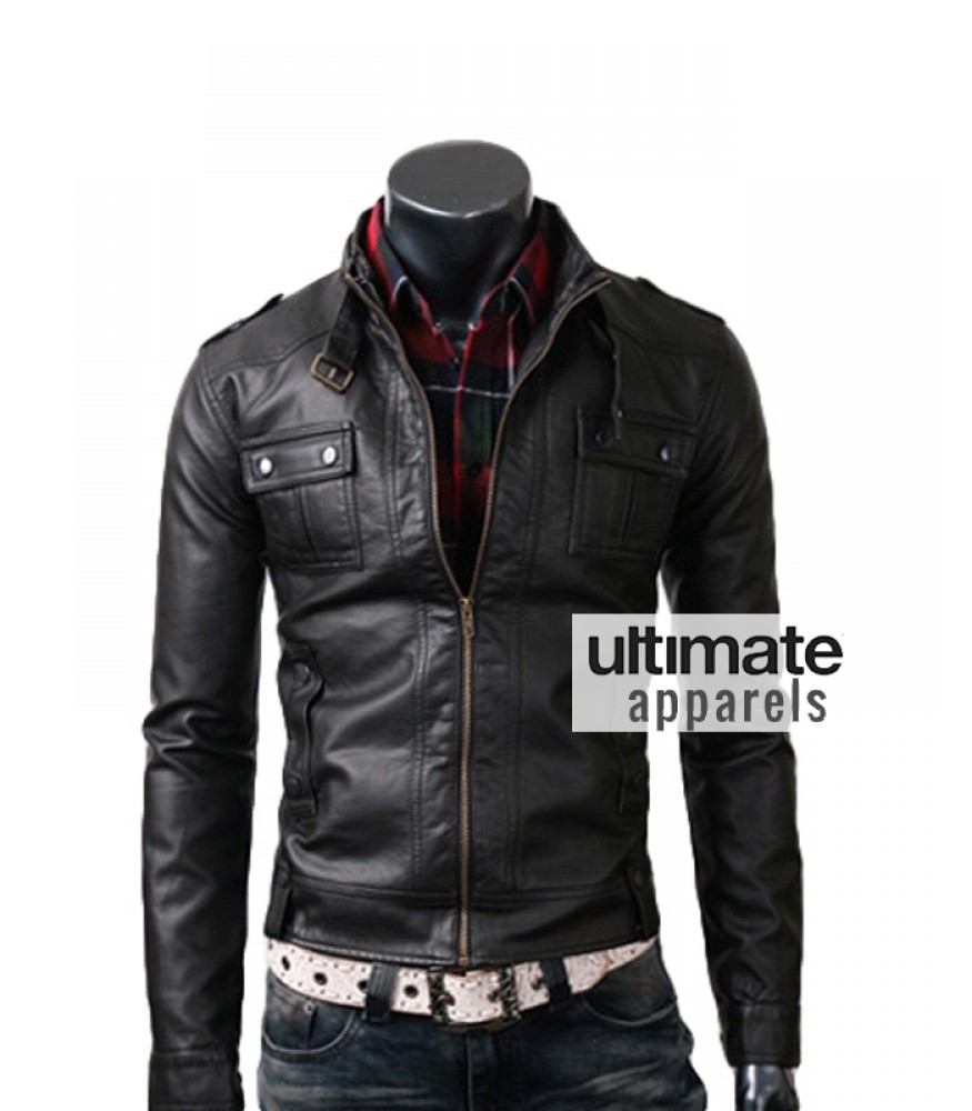 Slim Fit Men's Strap Pocket Real Black Leather Jacket